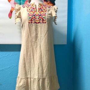 Cream Kids Dress with Colorful Embroidery
